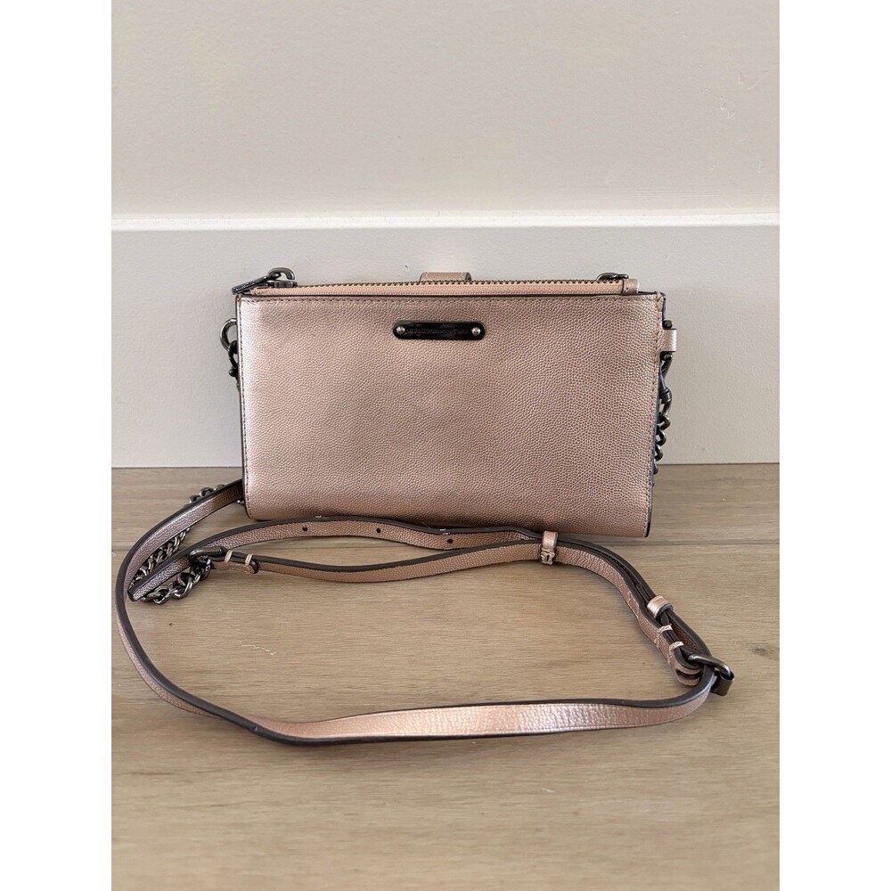 REBECCA MINKOFF LEATHER CROSSBODY BI-FOLD WALLET Metallic Pink/Gunmetal